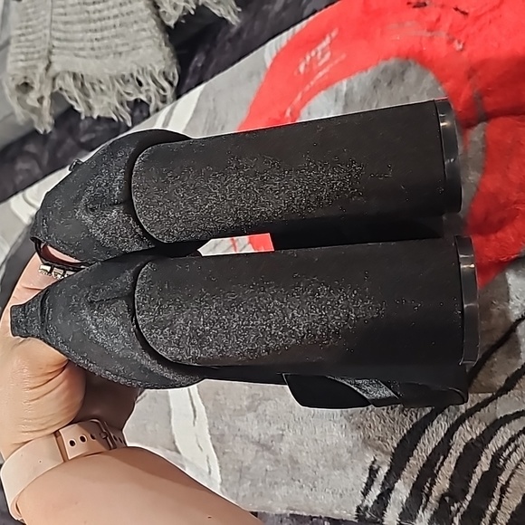 Black Ankle Strap Embellished Double Platform High Heels - Picture 9 of 10